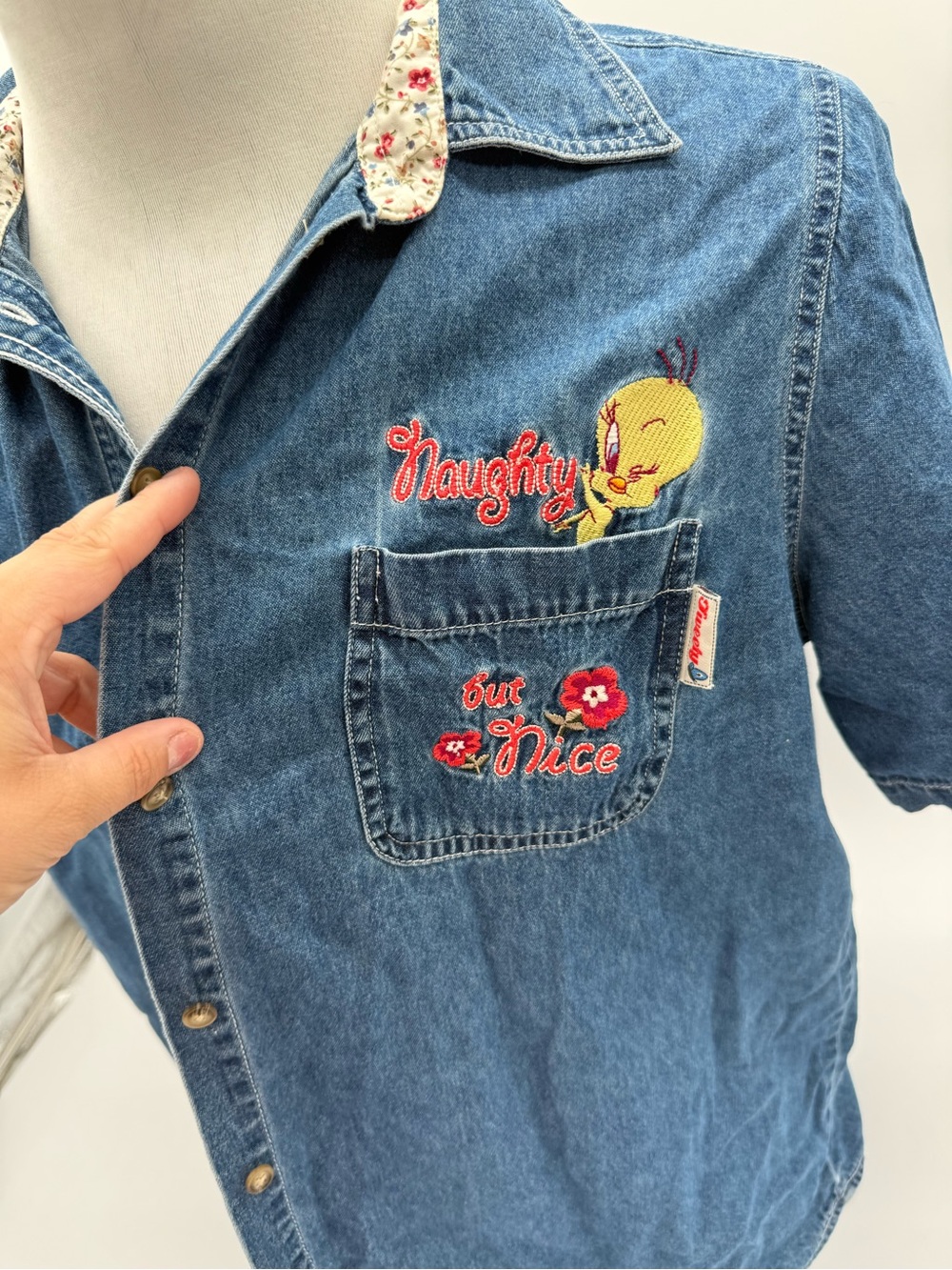 Vintage Y2K Looney Tunes Tweety Bird Denim Shirt Embroidered Naughty Nice 90s 2X - Picture 4 of 16